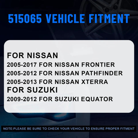 Vehicle fitment chart for Nissan Frontier, Pathfinder, Xterra 2005-2015 and Suzuki Equator 2009-2012 for Six Lug Wheel Hub Assembly 515065.