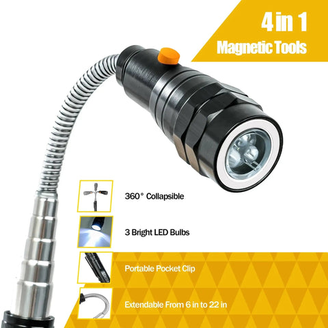 Close-up of Magnetic Pickup Tool With LED Lights Telescoping Magnet Flashlight, featuring 360° collapsible design and 3 LEDs.