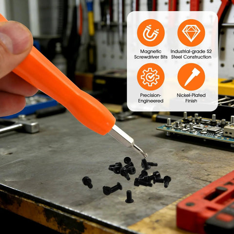 Doorbell Screwdriver Replacement Tool For Camera Double Ended T6 T15 Screwdriver Video Doorbell Setup And Password Reset Includes 20 Replacement Screws Durable S2 Steel Ergonomic Non Slip Grip shown with screws in a workshop setting.