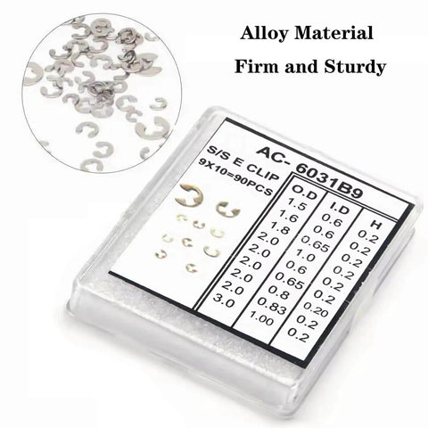 90Pcs Watch Ring Clip E Clip Set With 9 Sizes From 1.5mm To 4mm External Retaining Rings Durable Metal C Clips in storage box
