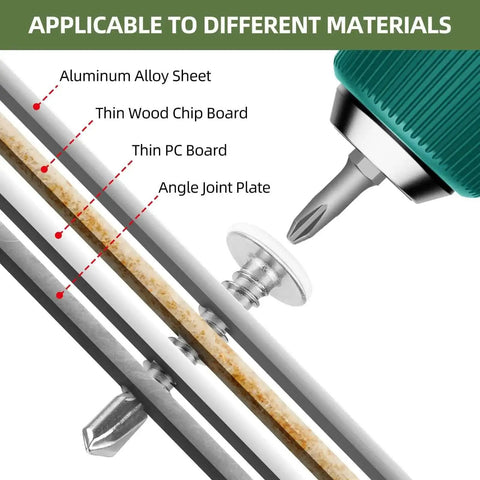 No 8 Truss Head Self Drilling Screws Kit With White Heads and screwdriver shown for use with wood, metal, and plastic materials