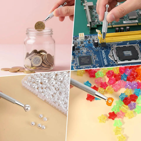 Four scenarios of a picking tool used for grabbing coins, small electronics, pearls, and star-shaped beads.