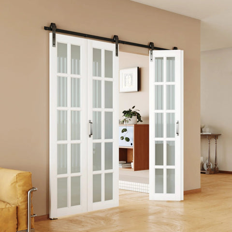 Bi-Fold Barn Door Kit 42 By 84 Inches With 10-Lite Tempered Frosted Glass Panels And Sliding Hardware For Two Doors White MDF Closet Slab 3.83 Foot Track Space Saving Modern Home Upgrade