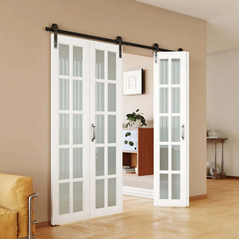 Bi-Fold Sliding Barn Door Kit With 10 Lite Frosted Glass Panels, 60 Inch Wide By 84 Inch Tall, installed in a room