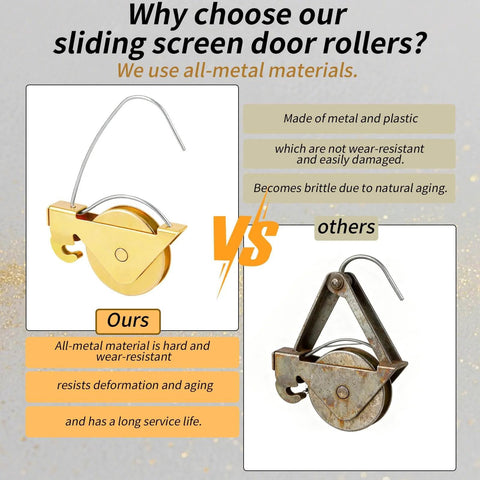 Comparison of Two Pack Sliding Screen Door Rollers Replacement For KD Series Doors with competitor, showing material differences