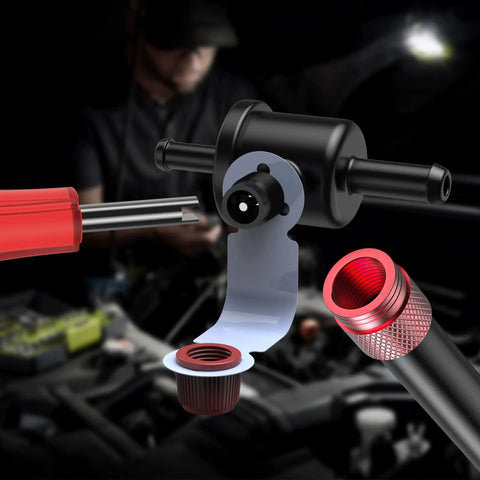 EVAP Service Port Adapter Kit With Valve Removal Tool For Fast Leak Testing On Automotive Smoke Testers Easy Connection Of Accessories Compatible With All Intake Port Systems Ideal For Quick Diagnostics And Time Saving Maintenance showing red adapter and tool.