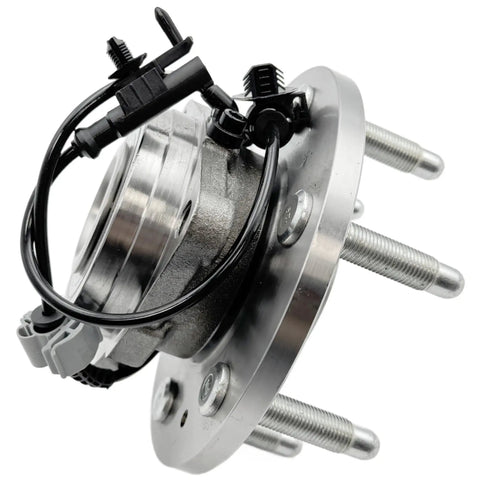 Front Wheel Hub And Bearing Assembly For 2007 2014 GM Full Size SUVs And Trucks 4WD Bolt On Direct Fit Including Escalade Suburban Tahoe Yukon Silverado 1500 Avalanche Sierra, side view showing mounting bolts and wiring.