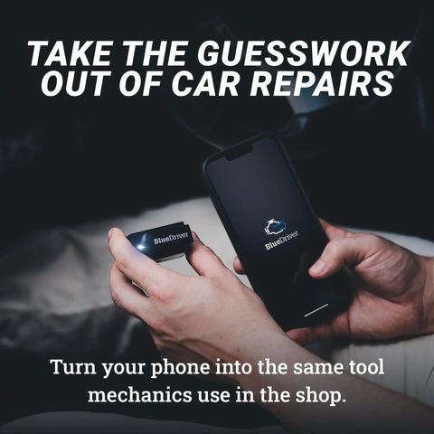 Pro Bluetooth OBDII Car Diagnostic Tool for iPhone and Android No Subscription Fee Reads and Clears Codes for Check Engine ABS SRS Airbag and 7000 Plus Issues BlueDriver held next to a phone in use.