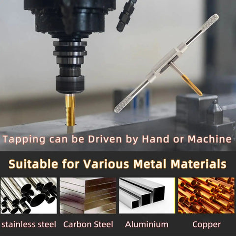 Micro Metric Tap Set With Tap Wrench in use on metal, shows compatibility with stainless steel, carbon steel, aluminum, copper.