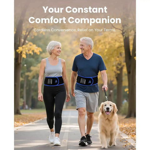 Couple walking in park wearing Cordless Heating Pad Belt Massager For Lower Back Relief On The Go With Near Infrared Heat And Red Light Therapy