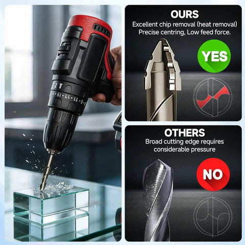 Five Piece Pro Grade Four Flute Eccentric Drill Bit Set For Tile Glass Ceramic Brick Metal Plastic Wood And Concrete With High Hardness Clean Holes And Efficient Chip Removal Sizes 6mm 6mm 8mm 10mm 12mm shown drilling glass