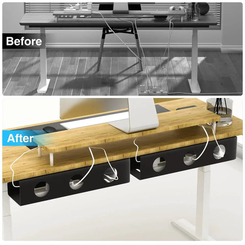 Before and after view of Self Adhesive Under Desk Cable Management Tray 2 Pack Steel Wire Organizer showcasing tidy cable storage.