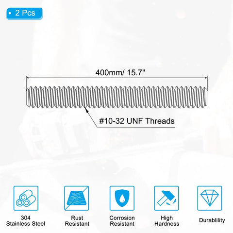 Illustration of a 304 Stainless Steel Fully Threaded Rod UNF 10 32 15.7 Inch Right Hand 2 Pack showing dimensions and thread type.