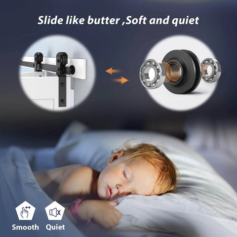 White Double 21x84 Bifold Barn Closet Doors With 46 Inch Hardware Track Kit shown with smooth roller hardware near sleeping child.