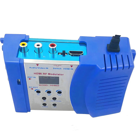 HDMI to RF Modulator for TV with easy F type output, blue device showing inputs for HDMI, RCA, and RF coax, perfect for home theater setup.