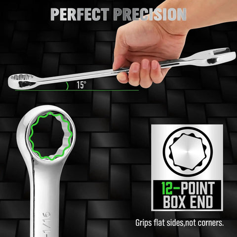 Close-up of a 12-point combination wrench being held, showcasing precision design. Part of Six Piece Large Wrench Set With Long Box End Wrenches Ranging From 15/16 Inch To 1 1/4 Inch Including Rolling Pouch 12 Point Combination Wrenches Heat Treated CR V Steel With Chrome Finish For Rust Resistance And Durable Garage Use.