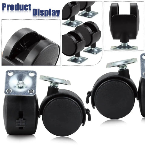 Four Pack 2 Inch Plastic Furniture Casters With Nylon Swivel Plate And Brakes For Shelves Tables File Cabinets Each Caster Supports About 110 Lb Smooth Rolling Swivel Action For Easy Repositioning On Wood Or Tile Surfaces Durable Non Marking Nylon Wheels.