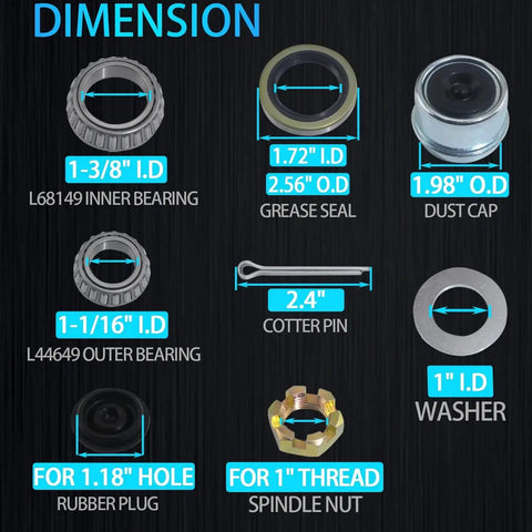 Dimensions and parts of Four Sets Premium Boat Trailer Bearing Kit For 3500 Lb Axles Fits 1-1/16 To 1-3/8 Inch Spindles