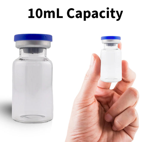 Two clear glass sterile vials with blue flip-off caps, 10 mL capacity, one held by hand