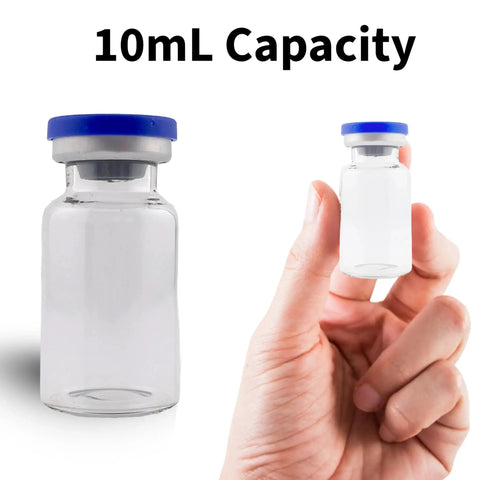 Sterile Empty Glass Vials With Self Healing Injection Port And Flip Off Aluminum Cap In Dual Layer Steam Sterilized Packaging With Color Changing Indicators, 10 mL Capacity Per Vial, Moisture Proof Bag For Top Notch Lab Use. Image showing a close-up and a hand holding the vial.