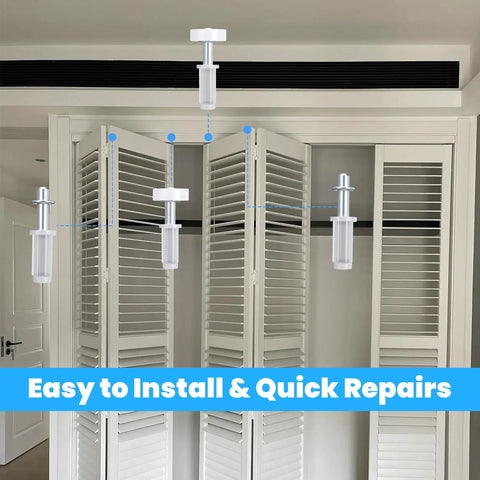 Installed Six Piece BiFold Door Top Roller Guide Wheel And Top Pivot Spring Loaded Bifold Door Hardware Repair Kit on closet