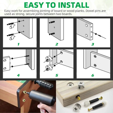 Instructions showing the installation of 270 Piece 3 In 1 Cam Lock Nuts And Wood Dowel Pins Set For Cabinets Drawers Wardrobes And Furniture Panels.