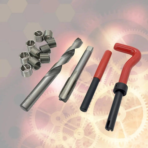 M12x1.25 Thread Repair Kit with helicoil inserts, taps, HSS drill bits, and tools on a gear background