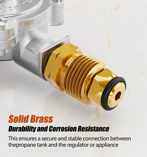 Close-up of brass connection on Dual Stage Heavy Duty Propane Regulator With POL For RVs Vans Trailers Campers, corrosion-resistant