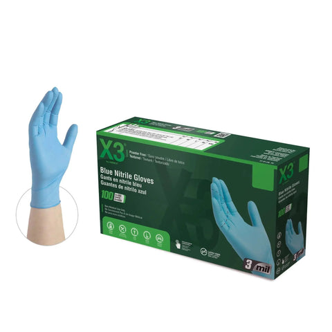 Industrial Blue Nitrile Gloves 100 Count Box 3 Mil XX Large Textured Latex Free with glove in box and hand model