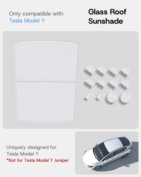 Magnetic Sun Shade Roof For Tesla Model Y 2020 To 2024 With Ice Crystal Coating, components and view on car roof