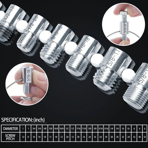 Nut And Bolt Thread Checker With 44 Male And Female Gauges For Quick Nut And Bolt Size Checks In Inch And Metric Featuring 23 Inch And 21 Metric Gauges For Fast Verifications Pro Grade Tool close-up view showing metal gauge sizes and threads.