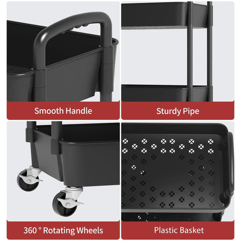 3 Tier Plastic Rolling Utility Cart With Handle For Office Kitchen And Living Room, close-up of black wheels and handle.