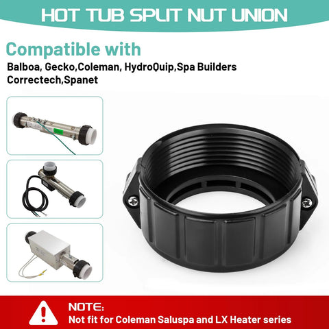 2-inch spa heater union nut, black plastic threaded ring; includes screw, gasket and O-rings (kit shown with three components)