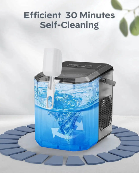 Countertop Ice Maker Portable 9 Cubes In 6 Minutes Self Cleaning Basket And Scoop with self-cleaning feature displayed