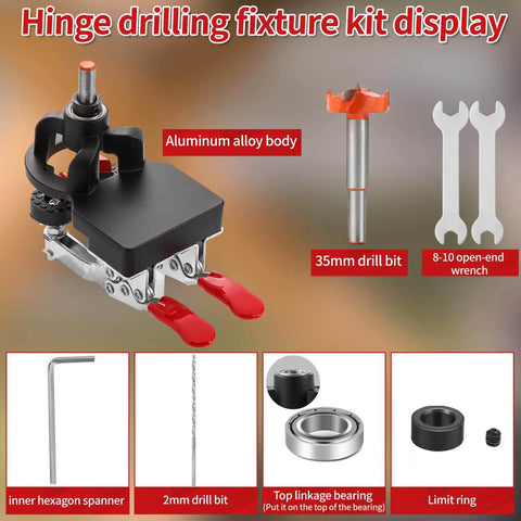 Hinge drilling kit with 35mm concealed hinge jig, aluminum alloy construction, 35mm and 2mm drill bits, quick clamps displayed