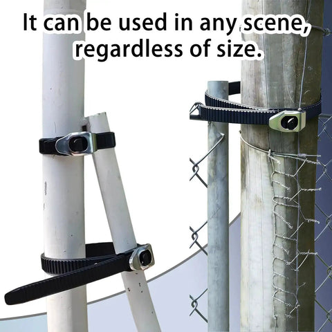 Heavy Duty Reusable Ratchet Cable Ties Set 12 And 20 Inch Adjustable Locking Ties with strap lock on wood and metal poles