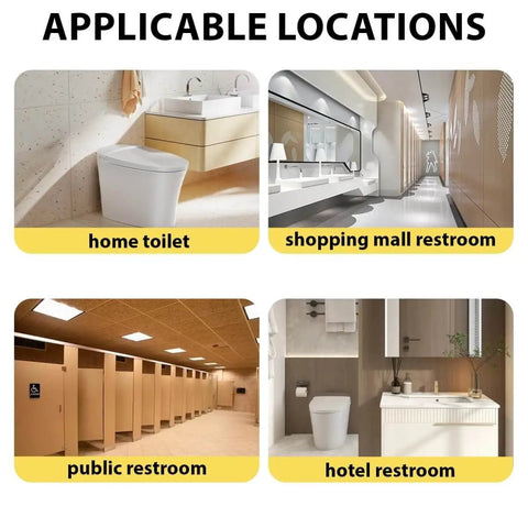 Various bathrooms showing the Portable Toilet Installation Lift Jack And Foldable Dolly For Easy Toilet Moving, Alignment And Seals use.