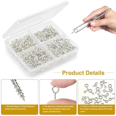 All Purpose Screw Eye Pins Set For Jewelry Making, 700Pcs in silver, includes large, medium, small sizes, ideal for DIY projects, image showing box and details