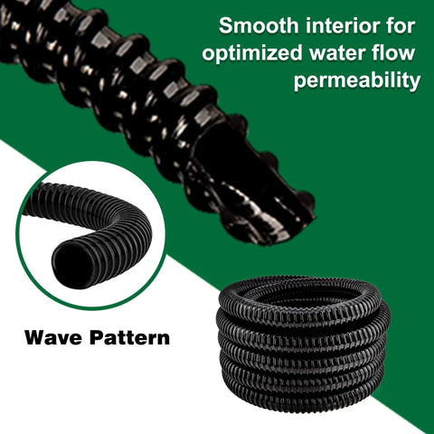 Corrugated pond hose, 1-inch ID, 20.6 ft, black PVC kinkproof flexible for ponds, waterfalls, and garden pumps