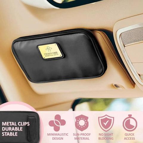 Car First Aid Kit With Emergency Supplies For Family Travel, mounted on sun visor, black compact design, suitable for SUV, Truck.