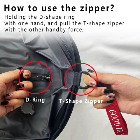 Demonstrating zipper use on 21 Inch Carry On Luggage With Removable Vacuum Seal Bag And Expandable Vacpack Backpack On Wheels