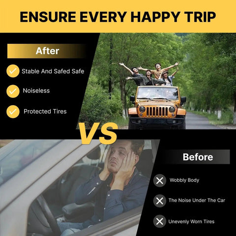 Comparison of happy group in Jeep vs. unhappy driver showcasing improved ride stability and noise reduction