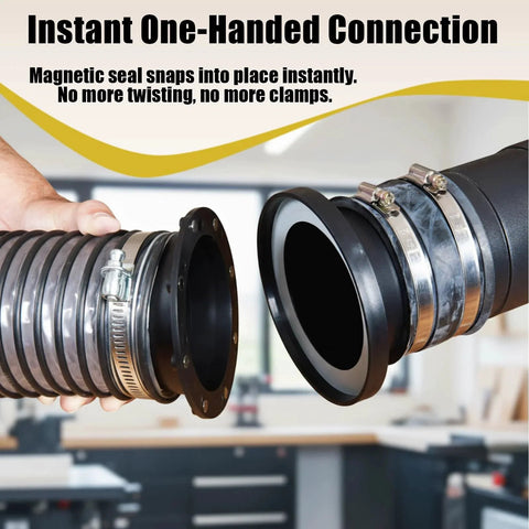 Image of Magnetic Dust Collection Fittings Kit showing a close-up of connectors aligned for quick connect system for woodworking.