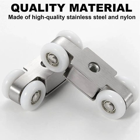 Front view of two piece four wheel stainless steel sliding door hanging wheel set with nylon wheel 23mm diameter.