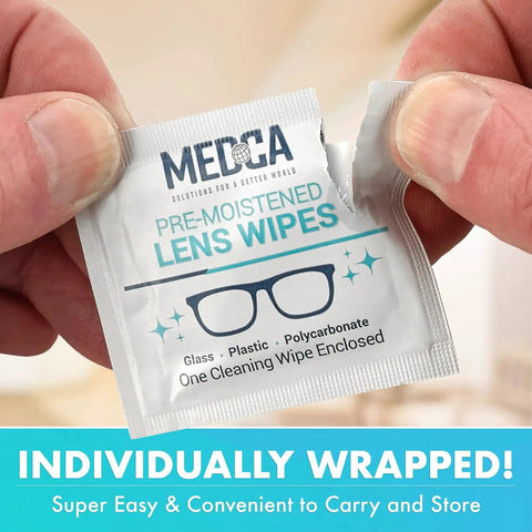 Premoistened Lens Cleaning Wipes for Glasses, Pack of 100, Streak Free - individual wipe in hand