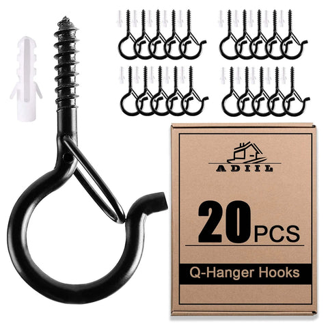 Package of 20 Q-Hanger Hooks with wall anchors, including a close-up of a single hook demonstrating the screw and hook design.