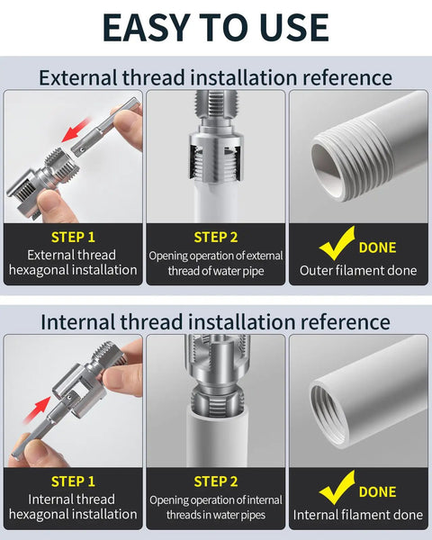 Easy to use guide for Dual Function PVC Pipe Threading Tool For Internal And External Threads 1/2 And 3/4 Inch Dies Electric Drill Compatible