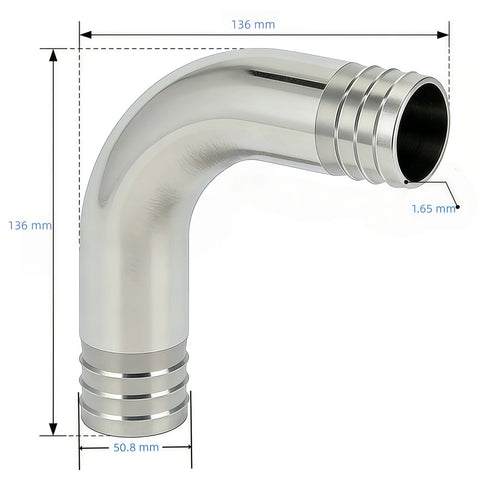 Amazon Lophtnix 304 stainless sanitary hose barb elbow, 2-inch x 2-inch barb, 90-degree fitting with two clamps