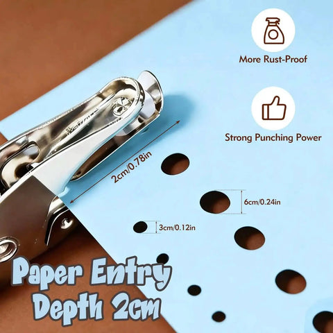 Adjustable Handheld Circle Hole Punch For Crafts And Scrapbooks With Blue Soft Grip One Quarter Inch And One Eighth Inch Heads Easy To Use For Tags Tickets Home Office And Classroom Projects Durable Metal Construction shown punching holes in blue paper with measurement indicators.