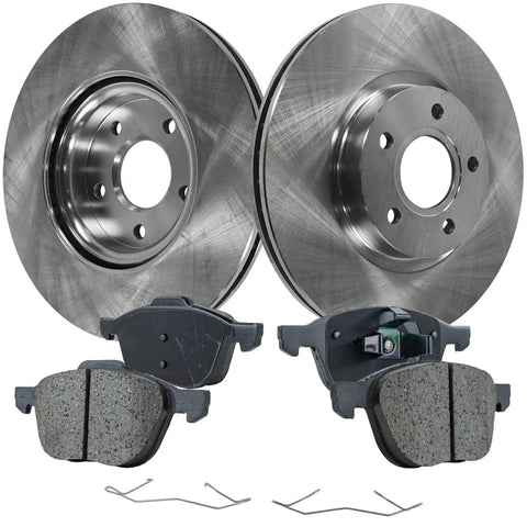 Front brake rotor and pad kit; two steel rotors and two gray pads (Amazon)